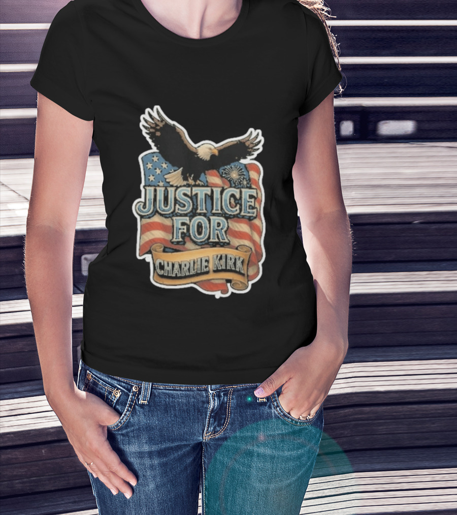 Justice For Charlie Kirk Bald Eagle American Flag Banner T-Shirt