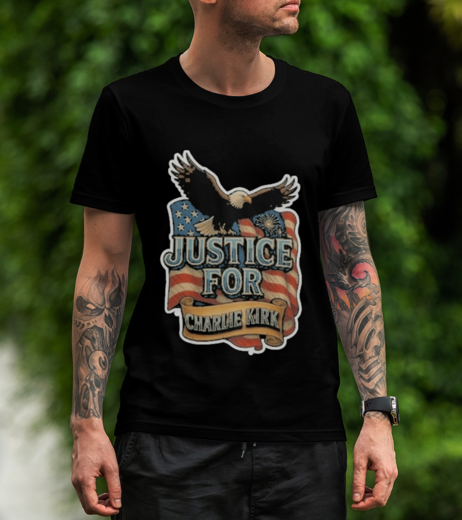 Justice For Charlie Kirk Bald Eagle American Flag Banner T-Shirt