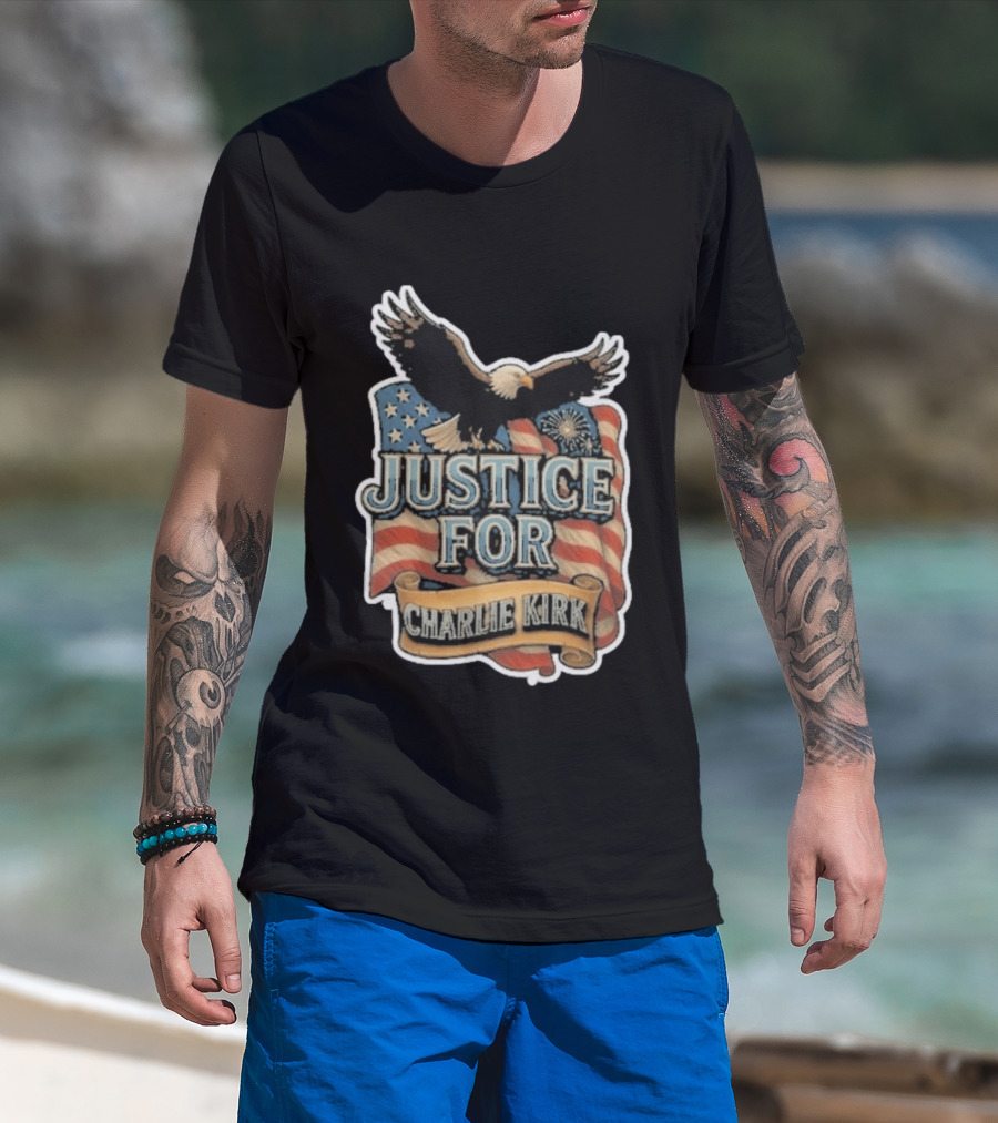 Justice For Charlie Kirk Bald Eagle American Flag Banner T-Shirt
