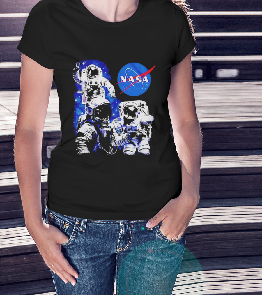 NASA Space Exploration Three Astronauts Floating In Deep Space T-Shirt