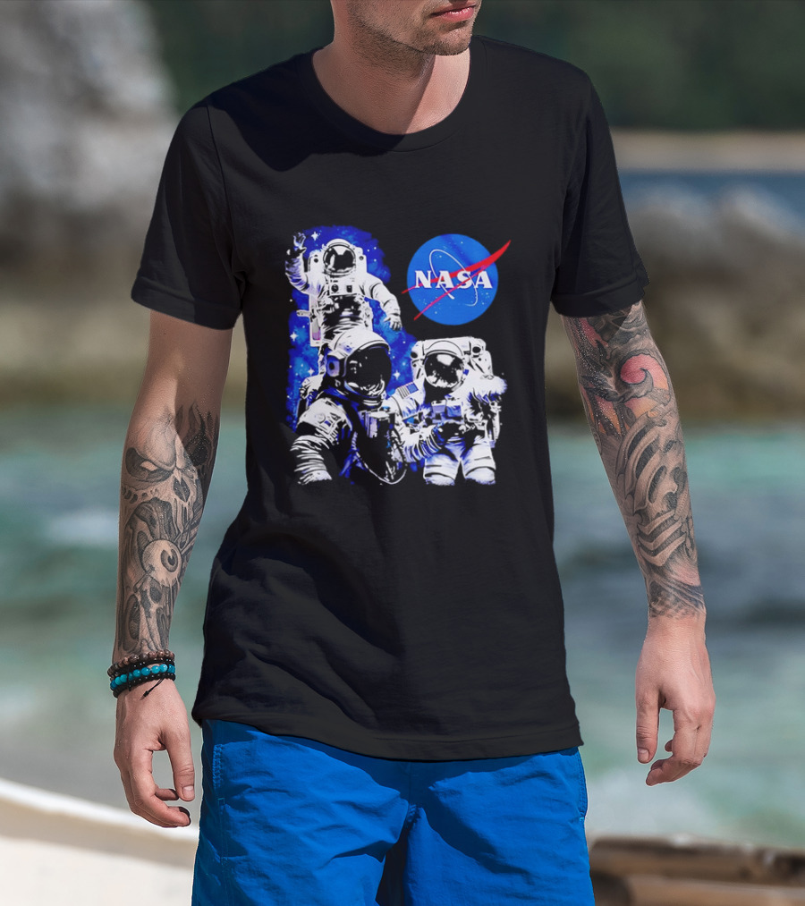 NASA Space Exploration Three Astronauts Floating In Deep Space T-Shirt