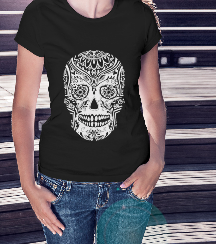 Sugar Skull Artistic Decorative Detailed Black White Intricate Motif T-Shirt
