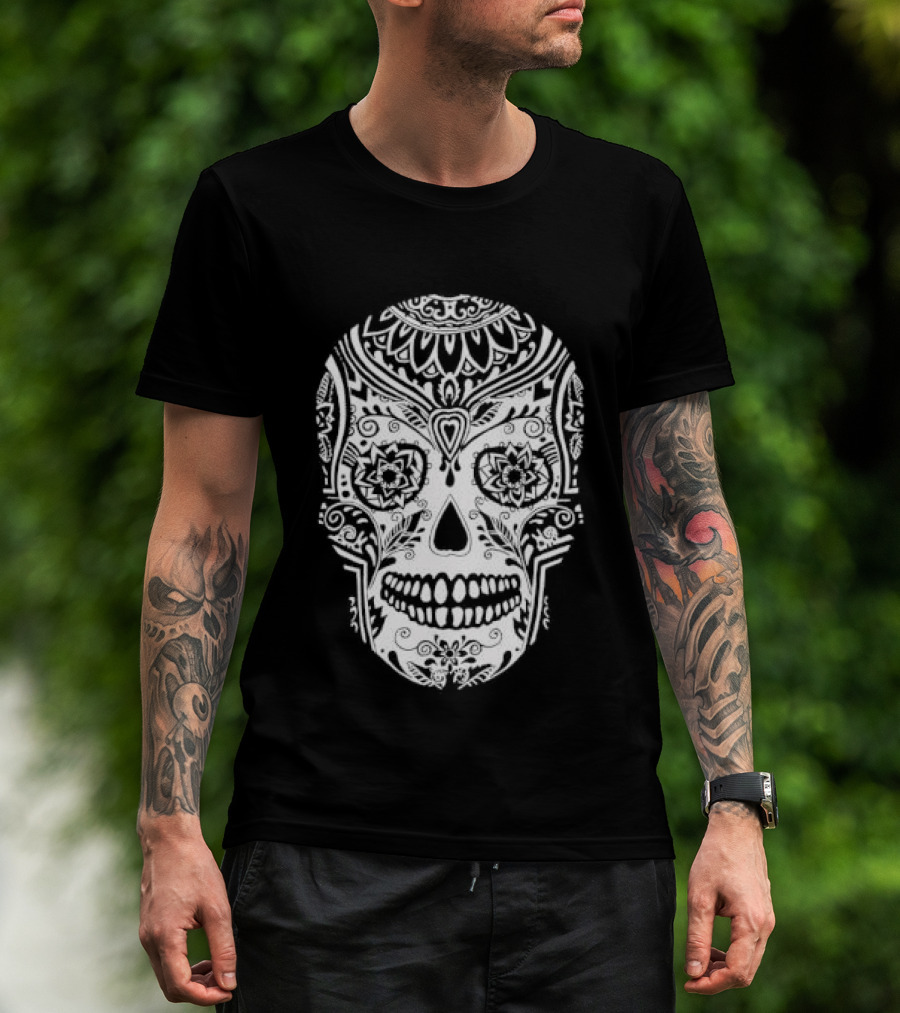 Sugar Skull Artistic Decorative Detailed Black White Intricate Motif T-Shirt