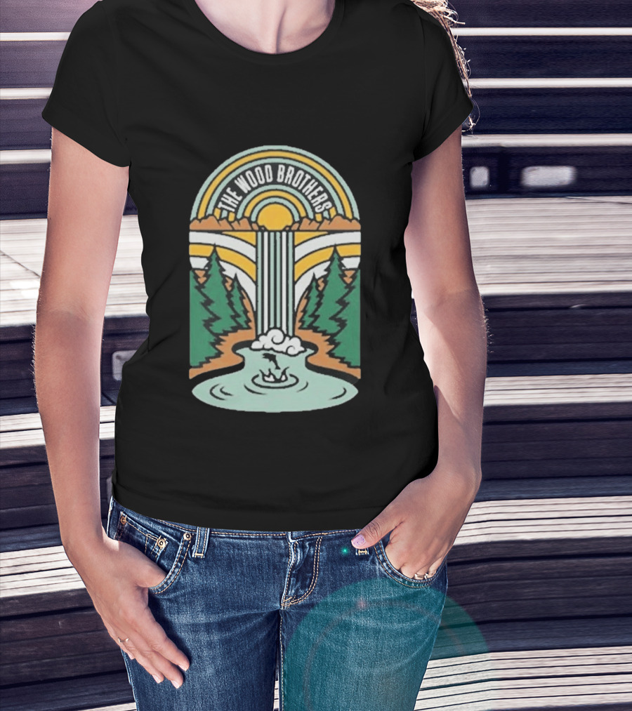 The Wood Brothers Waterfall Nature Scene With Sunburst And River Rapids T-Shirt
