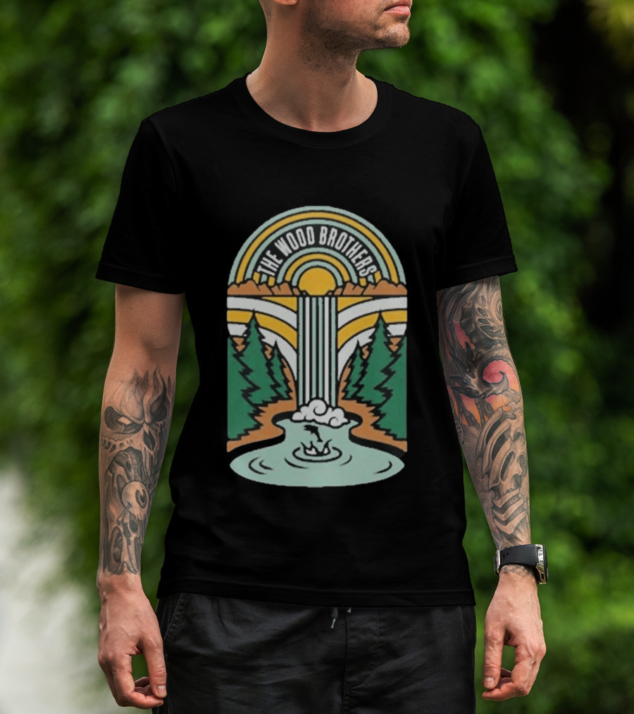 The Wood Brothers Waterfall Nature Scene With Sunburst And River Rapids T-Shirt