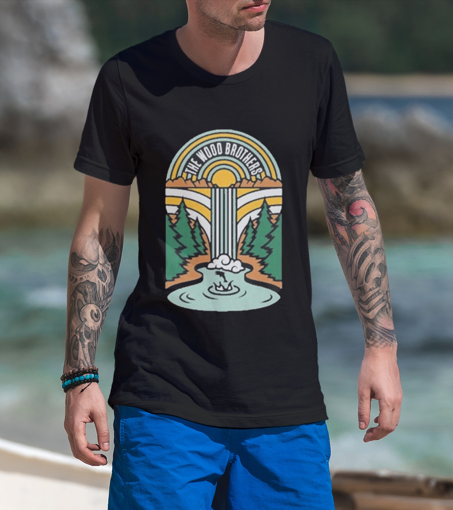 The Wood Brothers Waterfall Nature Scene With Sunburst And River Rapids T-Shirt