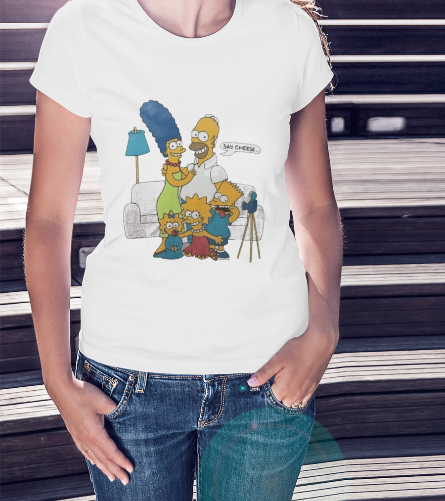 Jayden Daniels Simpsons Family Say Cheese White Couch Scene T-Shirt