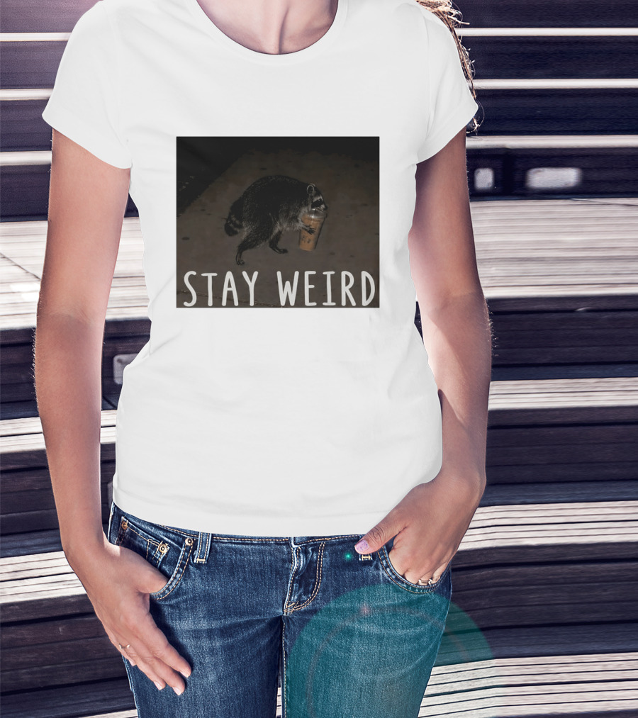 Jimothy Raccoon Drinking Iced Coffee Stay Weird Animal Lover Meme T-Shirt