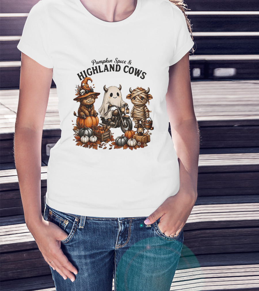 Pumpkin Spice And Highland Cows Halloween Fun T-Shirt