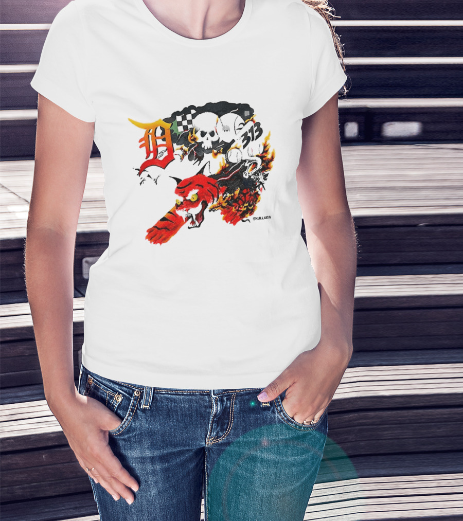 Skullxer 313 Detroit Tigers MLB 2026 With Flaming Devil And Skulls T-Shirt