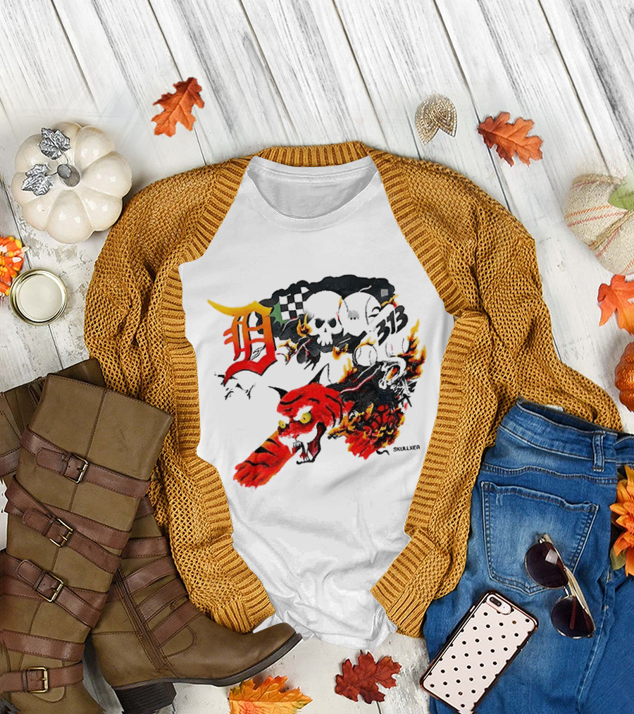 Skullxer 313 Detroit Tigers MLB 2026 With Flaming Devil And Skulls T-Shirt