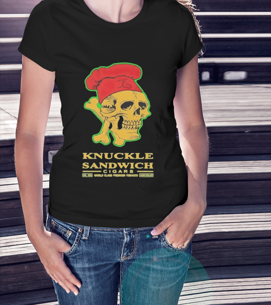 Knuckle Sandwich Cigars World Class Tobacco Skull With Red Chef Hat And Crossbones T-Shirt