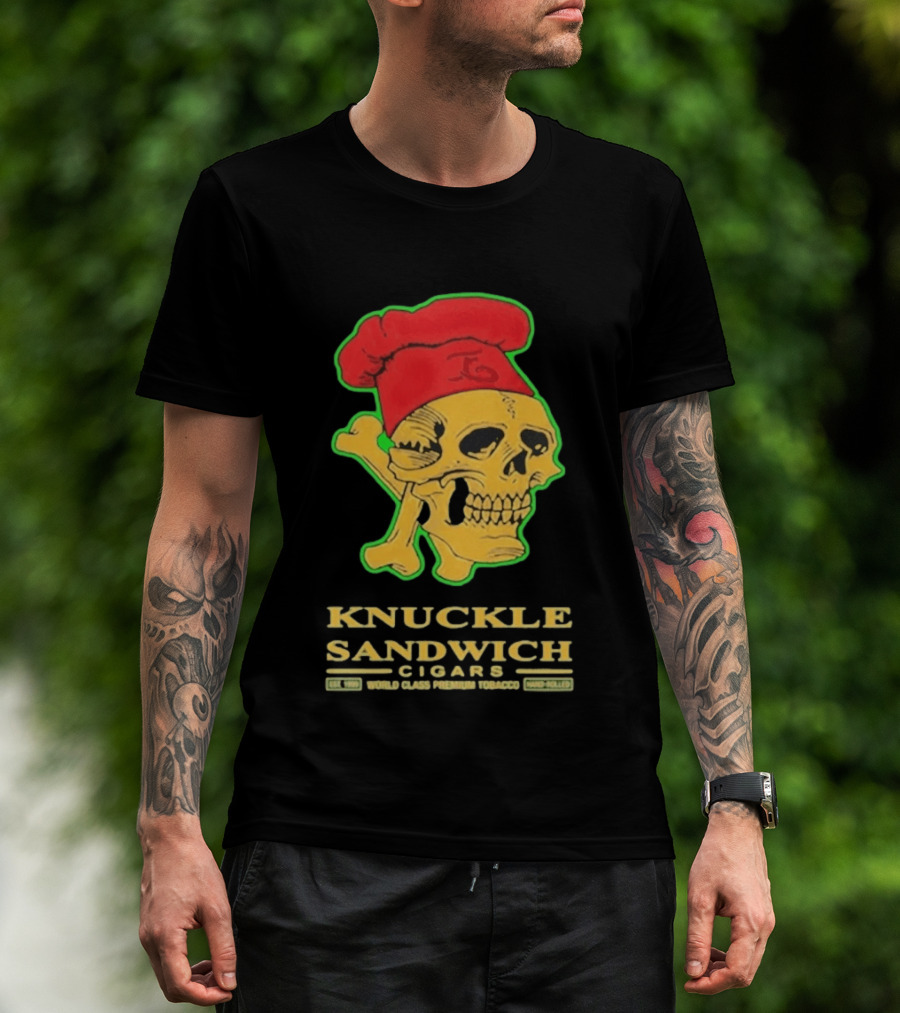 Knuckle Sandwich Cigars World Class Tobacco Skull With Red Chef Hat And Crossbones T-Shirt