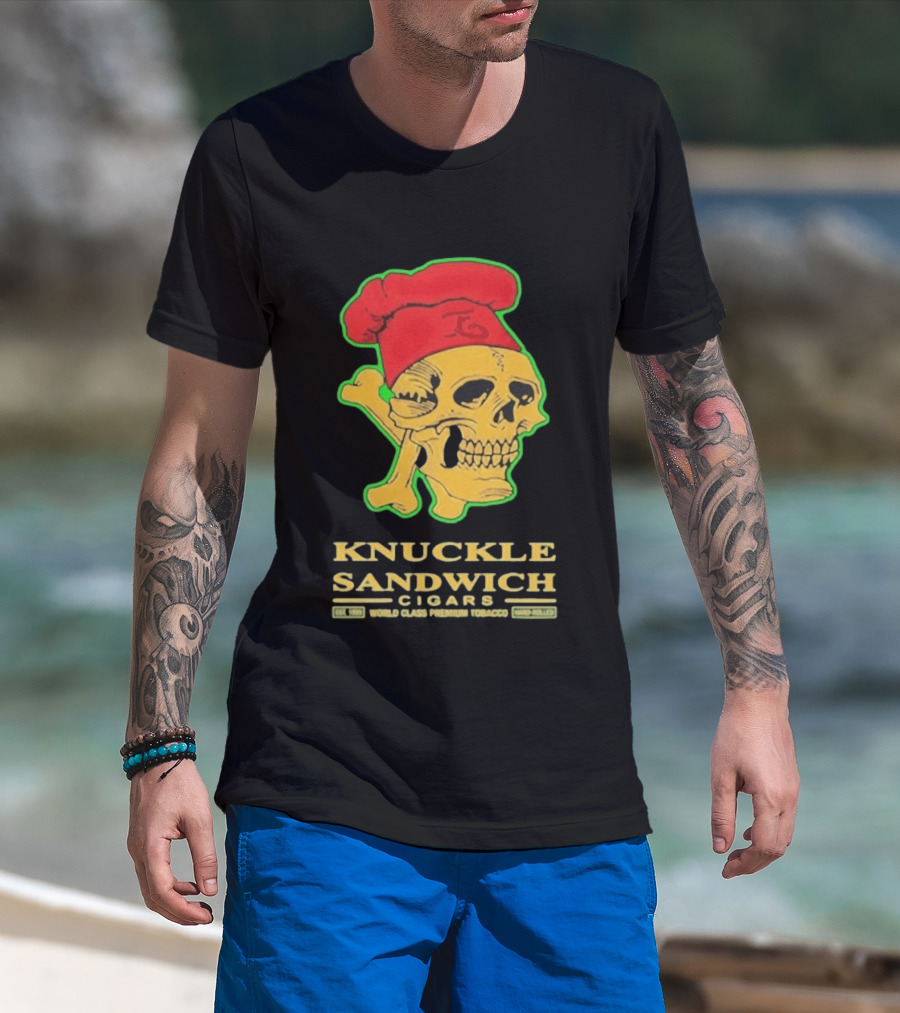 Knuckle Sandwich Cigars World Class Tobacco Skull With Red Chef Hat And Crossbones T-Shirt