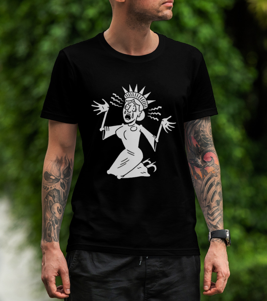Lady Liberty Patriotic Panic Cartoon Sketch Yankee Doodle Distress T-Shirt
