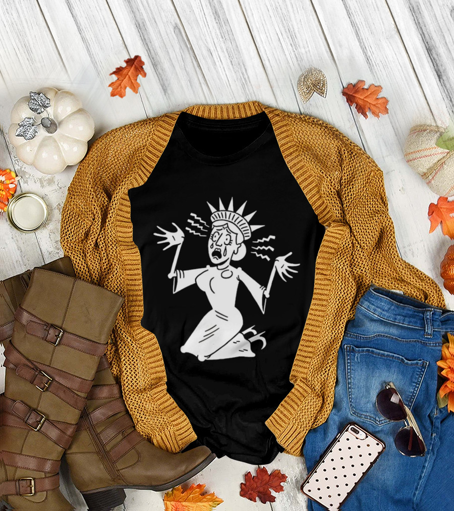 Lady Liberty Patriotic Panic Cartoon Sketch Yankee Doodle Distress T-Shirt