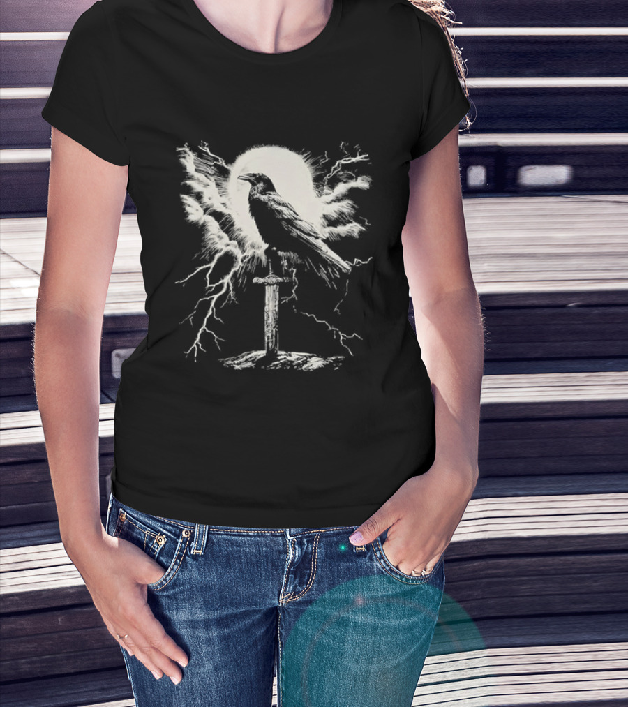 Raven On Sword With Lightning And Moon T-Shirt