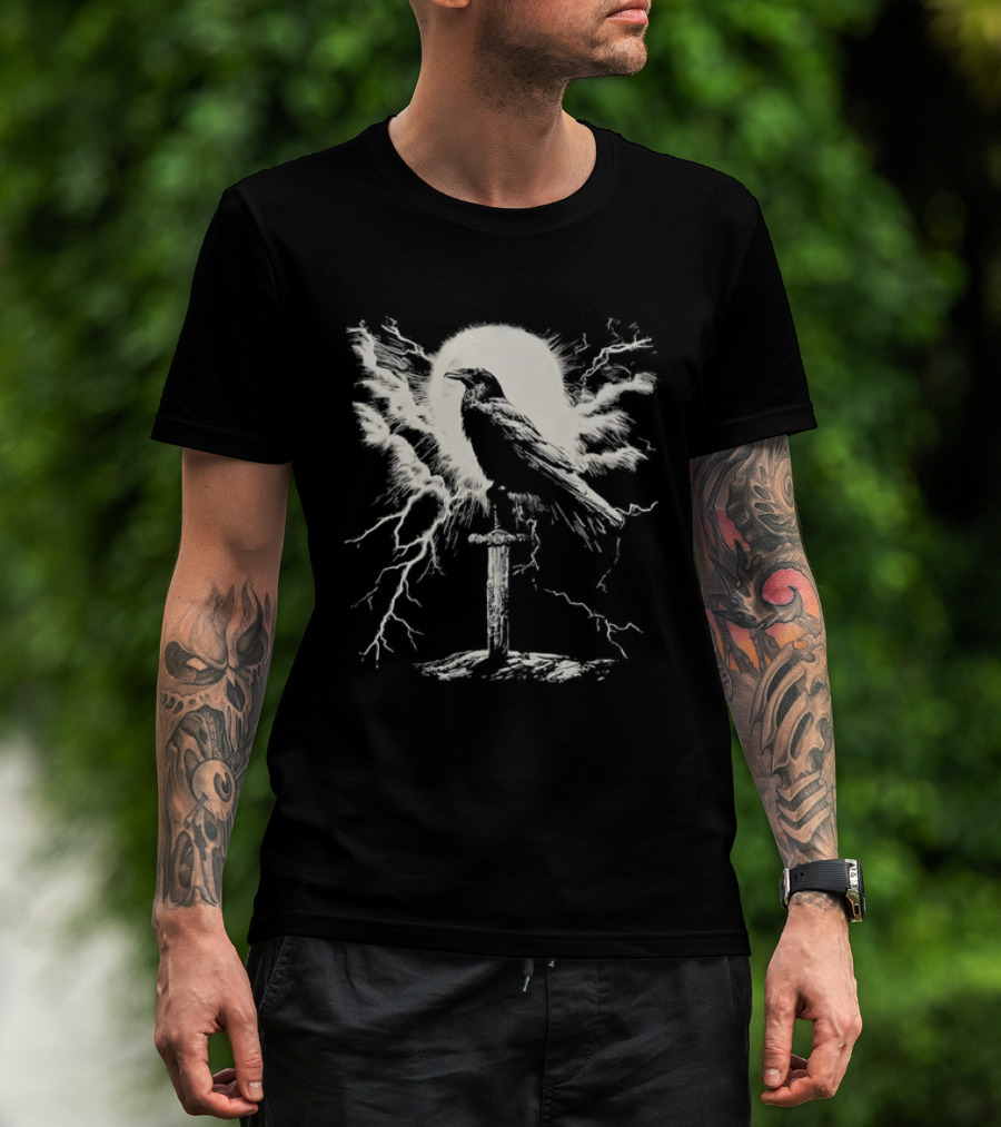Raven On Sword With Lightning And Moon T-Shirt