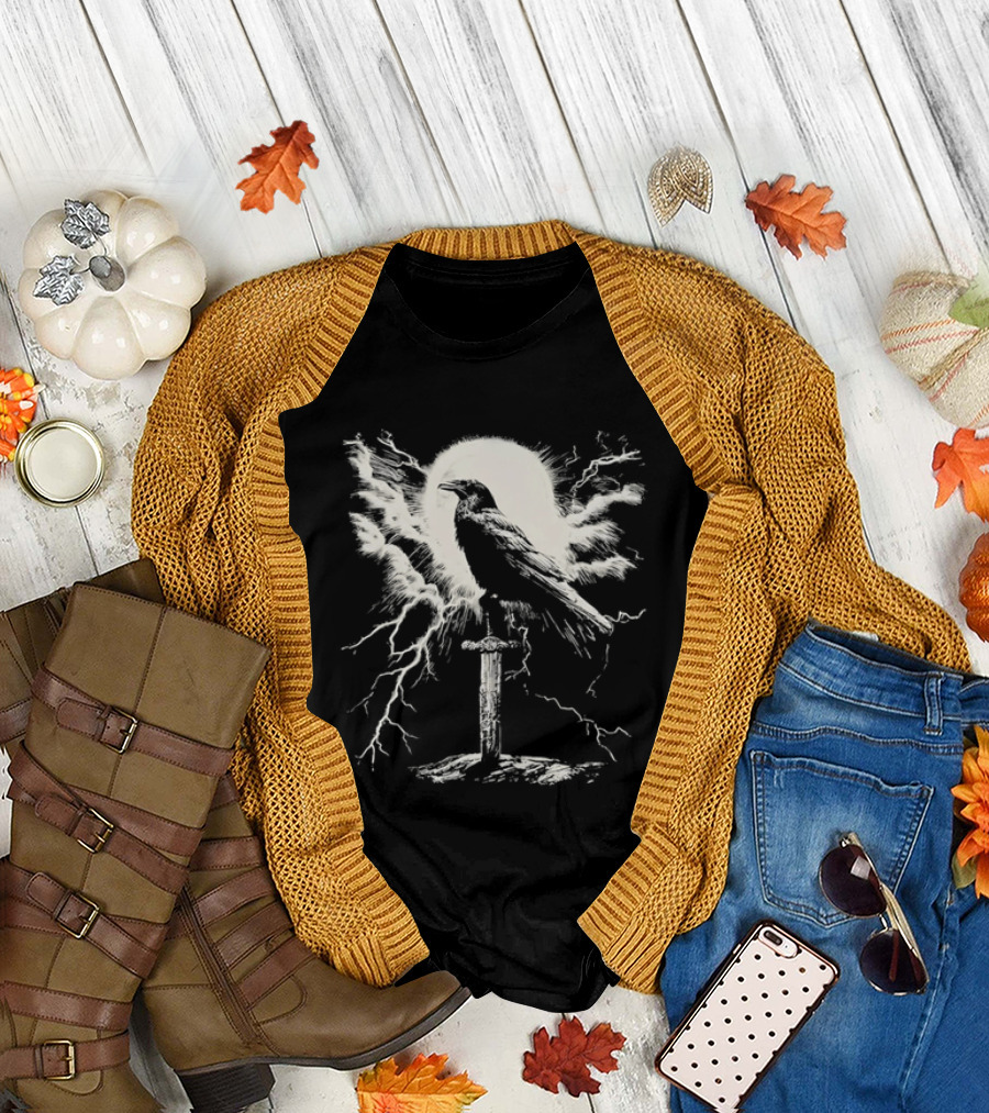 Raven On Sword With Lightning And Moon T-Shirt