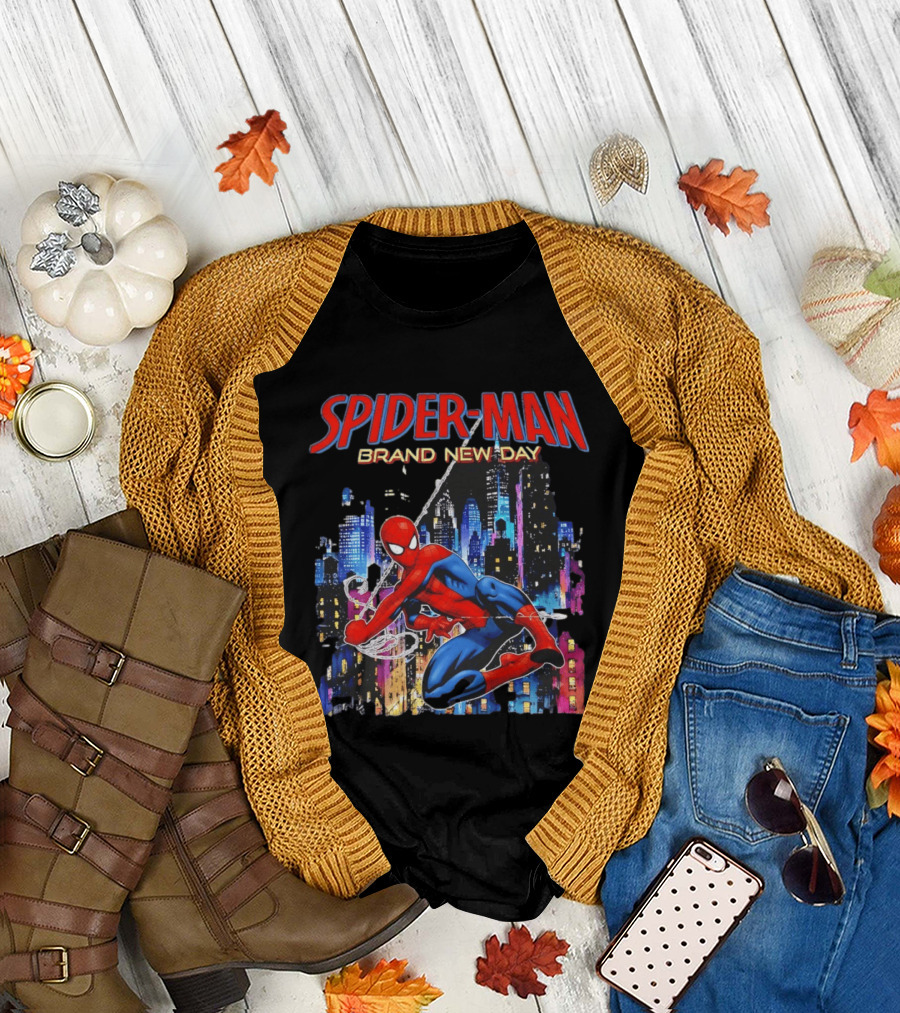 Spider Man Brand New Day Web Superhero Swinging City Night Marvel Studios T-Shirt