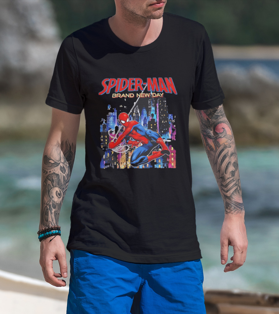 Spider Man Brand New Day Web Superhero Swinging City Night Marvel Studios T-Shirt