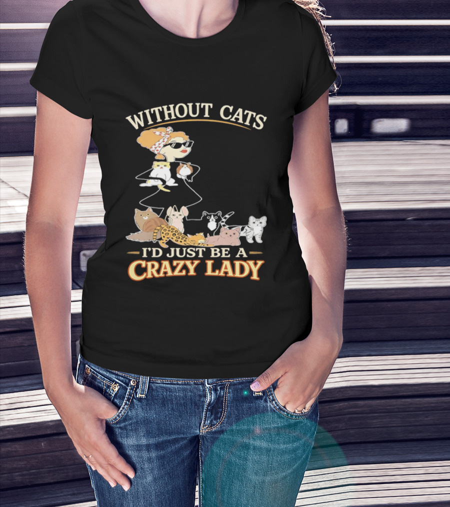 Without Cats I'd Just Be A Crazy Lady Pet Lover Vintage Cartoon T-Shirt