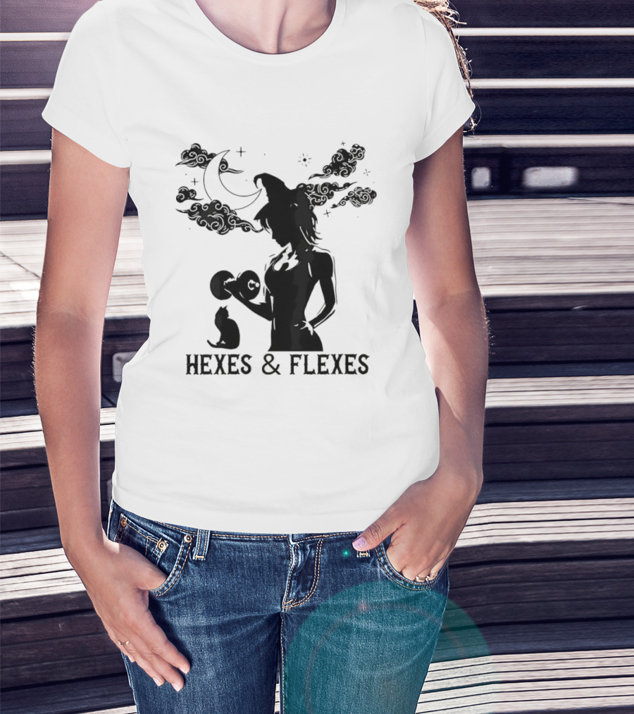 Spooky Fitness Witch Lifting Dumbbell With Cat Hexes & Flexes Moon Clouds T-Shirt
