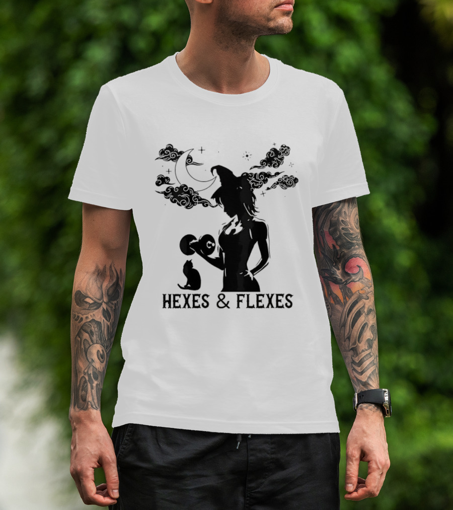 Spooky Fitness Witch Lifting Dumbbell With Cat Hexes & Flexes Moon Clouds T-Shirt