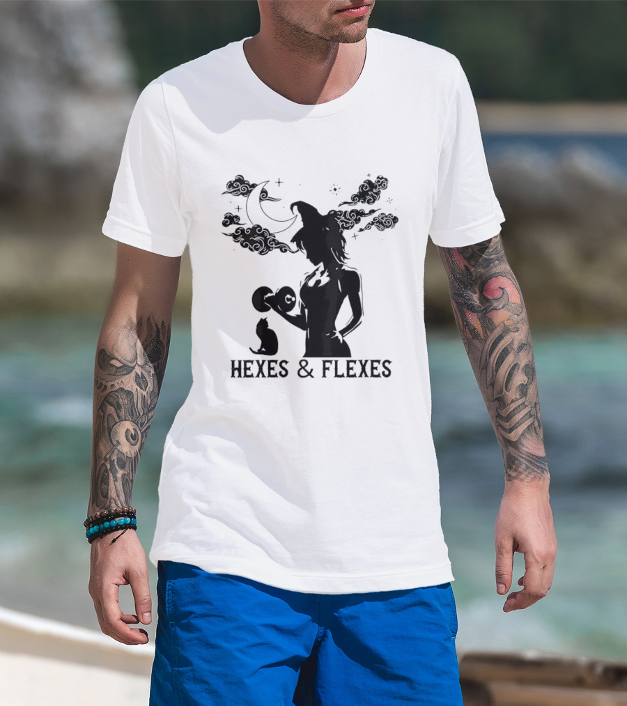 Spooky Fitness Witch Lifting Dumbbell With Cat Hexes & Flexes Moon Clouds T-Shirt