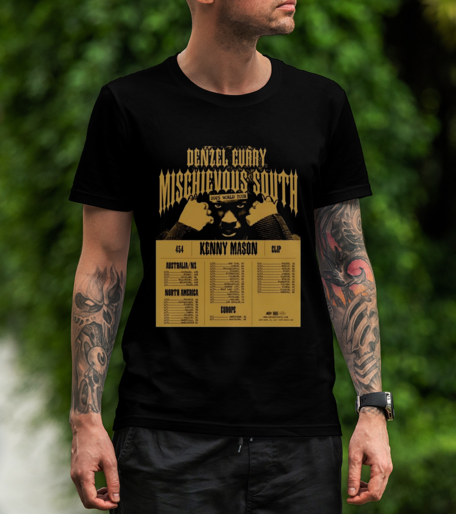 Denzel Curry Mischievous South 2025 World Tour Kenny Mason Clip 454 Australia North America Europe Dates T-Shirt
