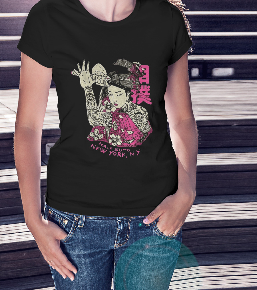 Tattooed Geisha With Katana And Flowers Japanese Samurai Half Sumo New York NY T-Shirt