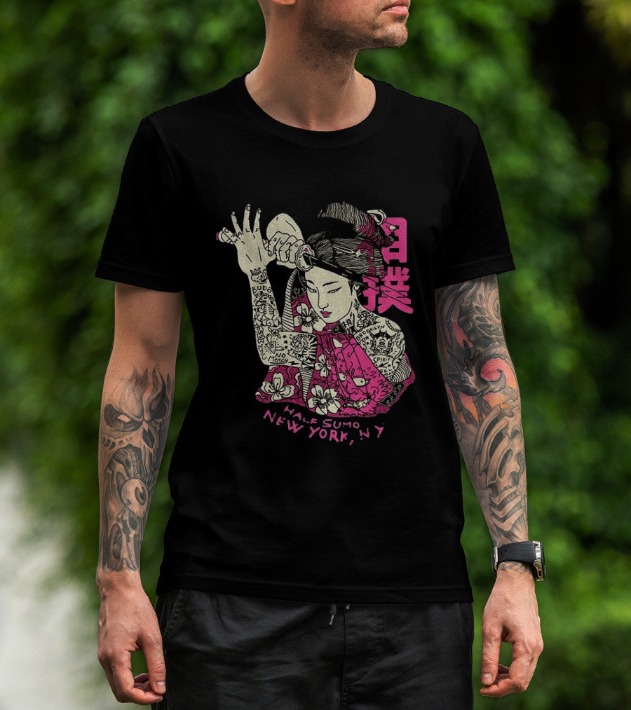Tattooed Geisha With Katana And Flowers Japanese Samurai Half Sumo New York NY T-Shirt