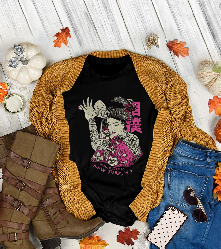 Tattooed Geisha With Katana And Flowers Japanese Samurai Half Sumo New York NY T-Shirt