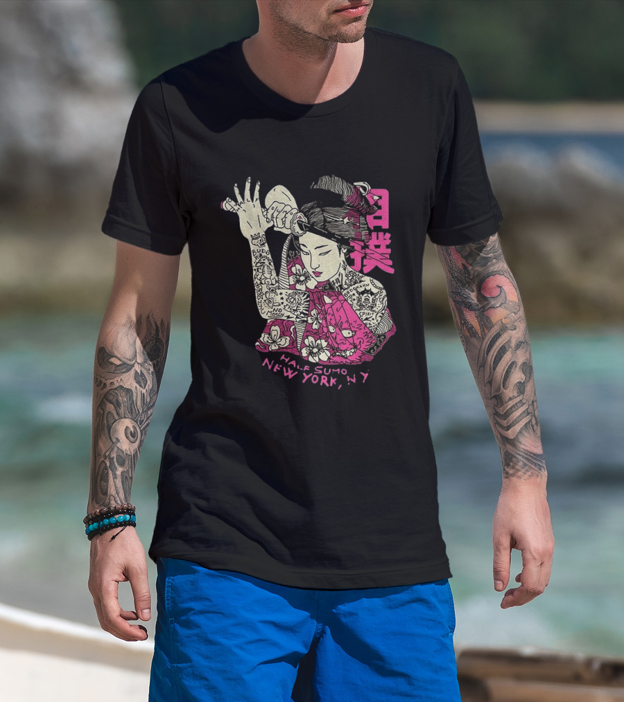 Tattooed Geisha With Katana And Flowers Japanese Samurai Half Sumo New York NY T-Shirt