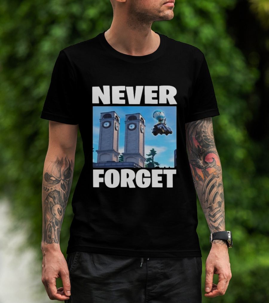 NEVER FORGET Twin Tilted Towers Fortnite Battle Bus T-Shirt