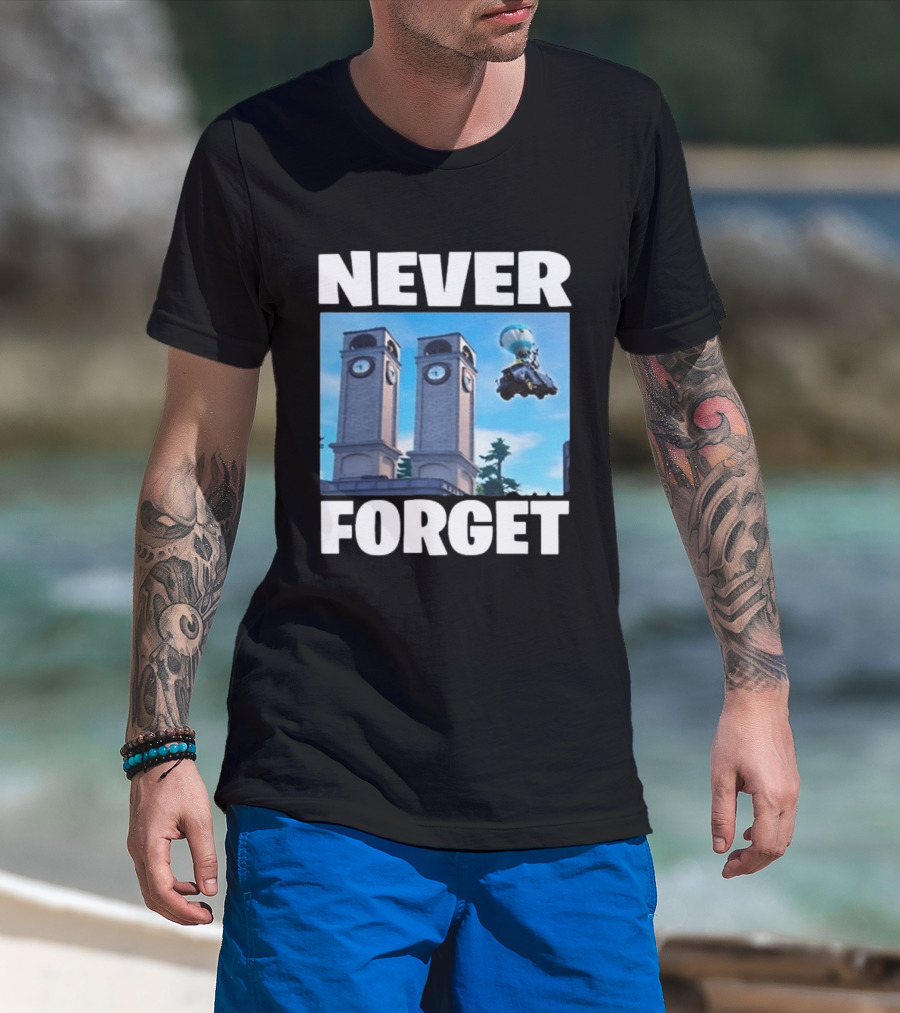 NEVER FORGET Twin Tilted Towers Fortnite Battle Bus T-Shirt