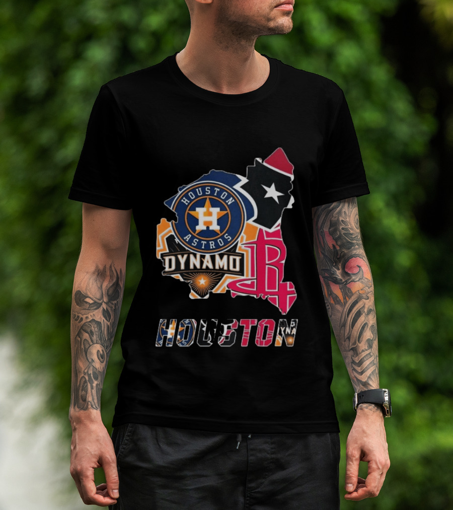 Houston Astros Texans Dynamo Rockets Map Logo Collage T-Shirt