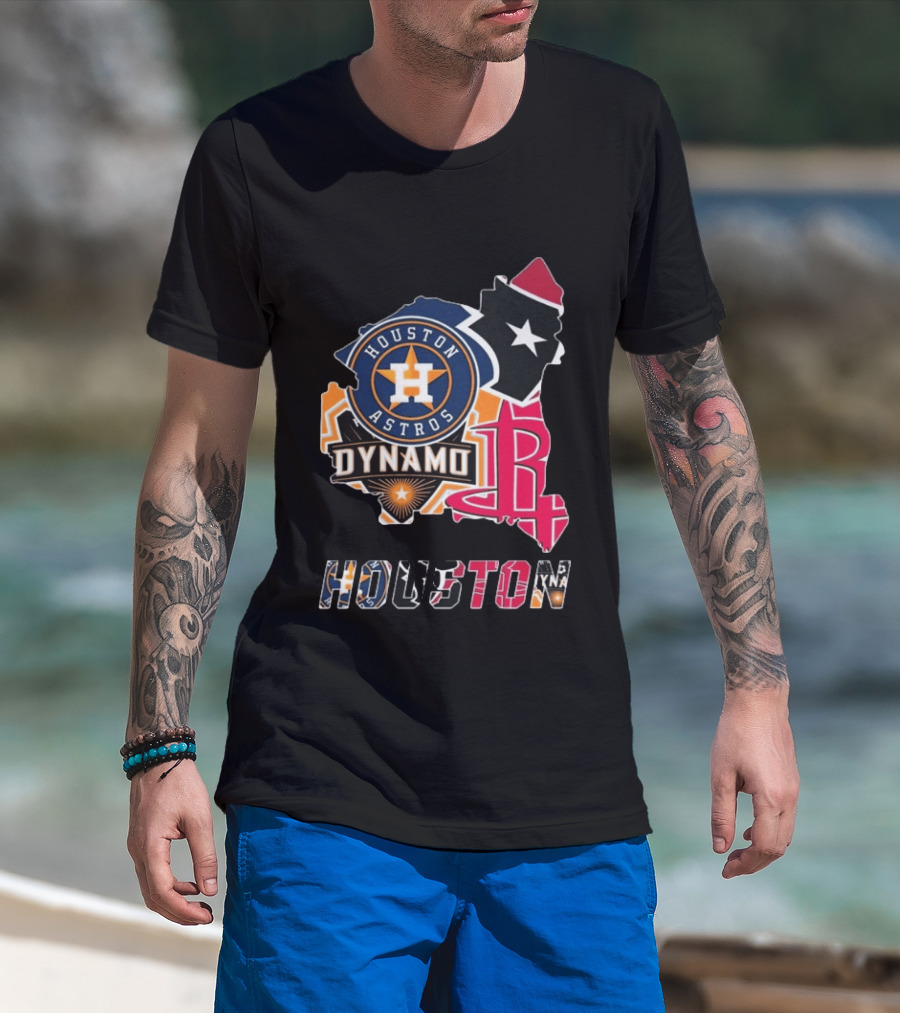 Houston Astros Texans Dynamo Rockets Map Logo Collage T-Shirt