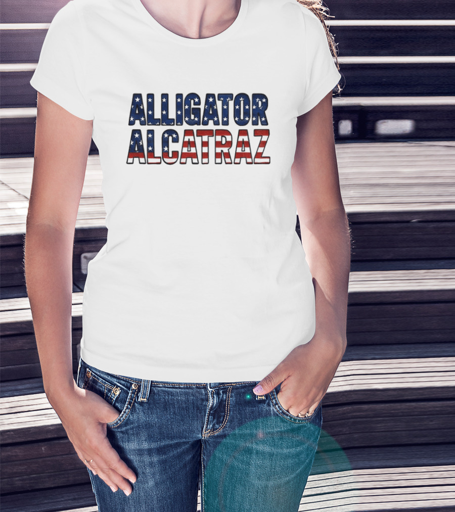 Alligator Alcatraz American Flag Patriotic Stars Stripes T-Shirt
