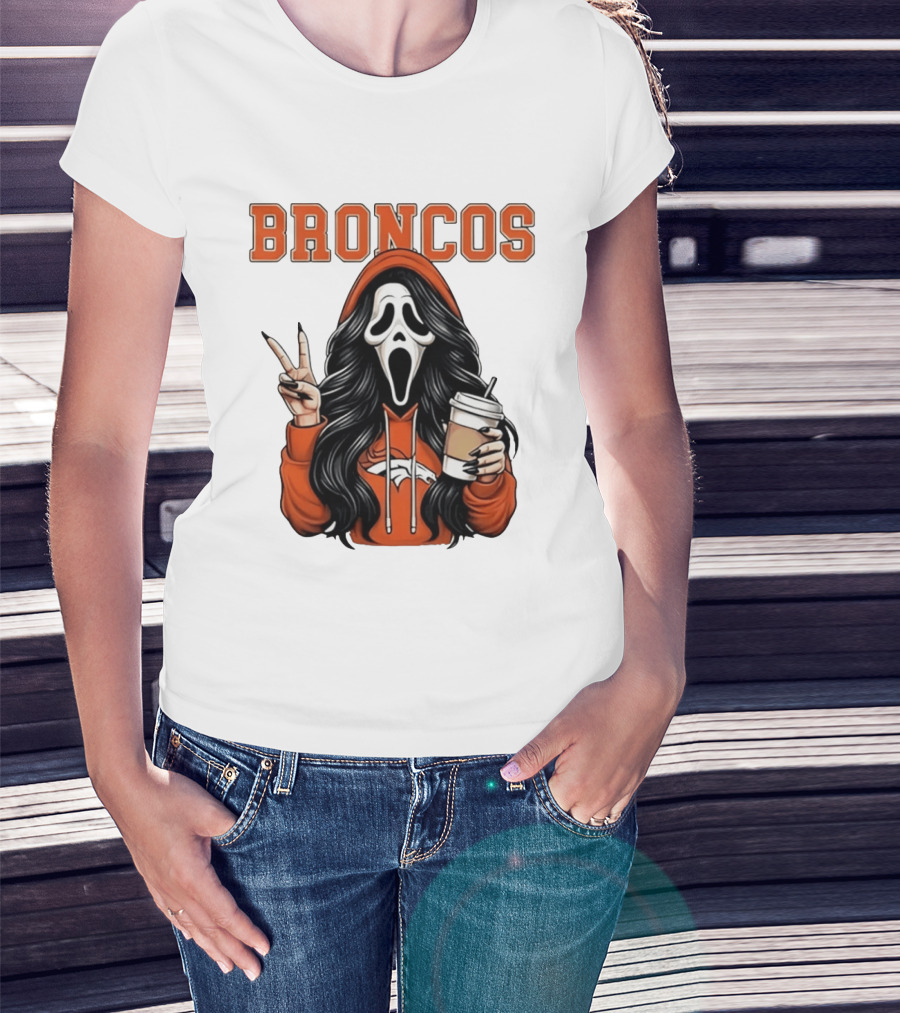 Broncos Ghostface Scream Halloween Coffee Peace Sign T-Shirt