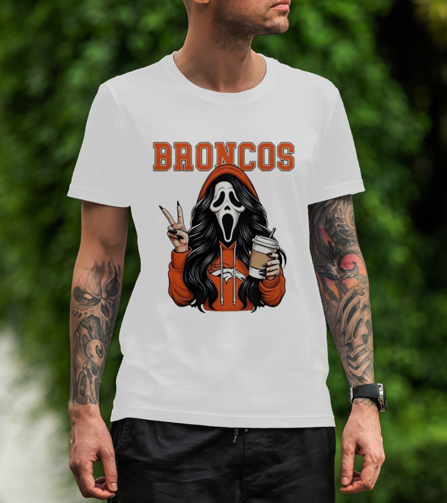 Broncos Ghostface Scream Halloween Coffee Peace Sign T-Shirt