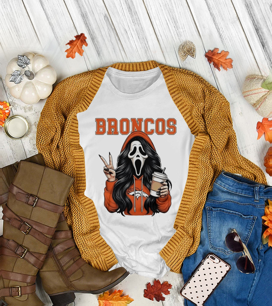 Broncos Ghostface Scream Halloween Coffee Peace Sign T-Shirt