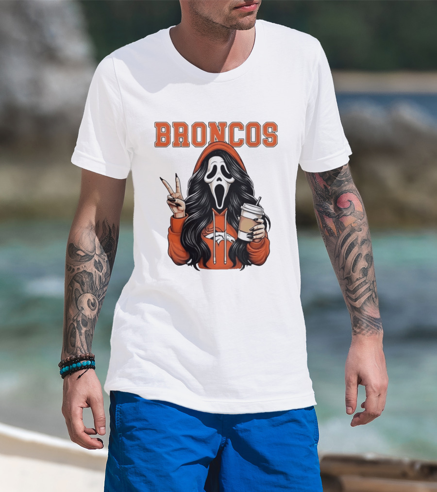 Broncos Ghostface Scream Halloween Coffee Peace Sign T-Shirt