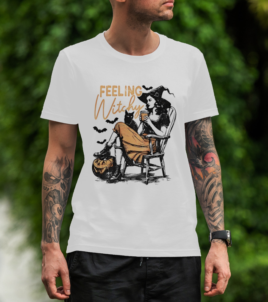 Feeling Witchy Witch With Pumpkin And Bats Halloween Vibes T-Shirt