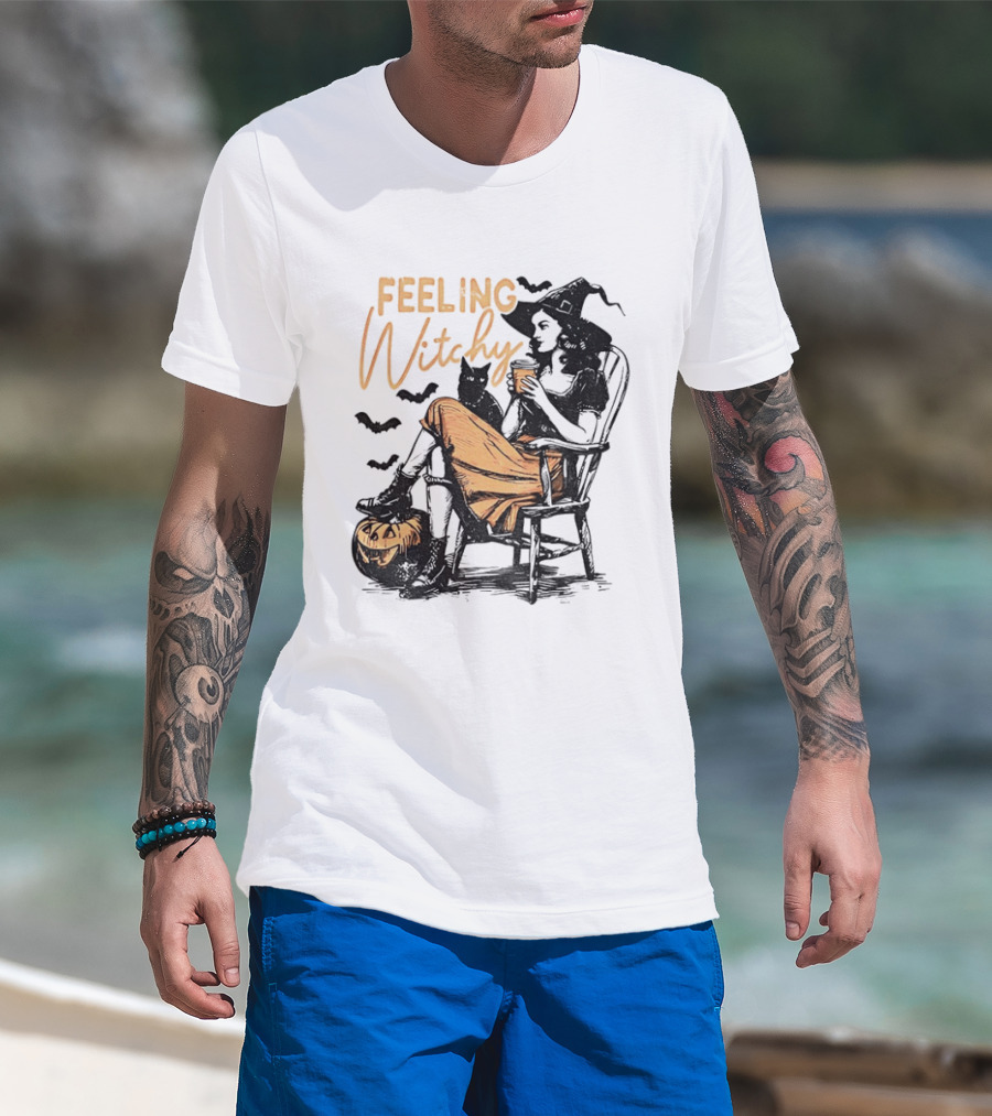 Feeling Witchy Witch With Pumpkin And Bats Halloween Vibes T-Shirt
