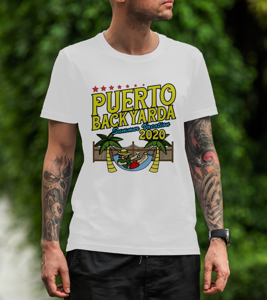 Puerto Backyarda Summer Vacation 2020 Relaxing Hammock Palm Trees Retro Cartoon T-Shirt