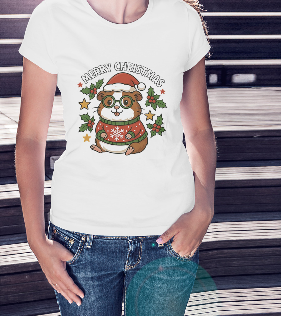 Merry Christmas Santa Guinea Pig In Holiday Sweater With Holly And Stars T-Shirt