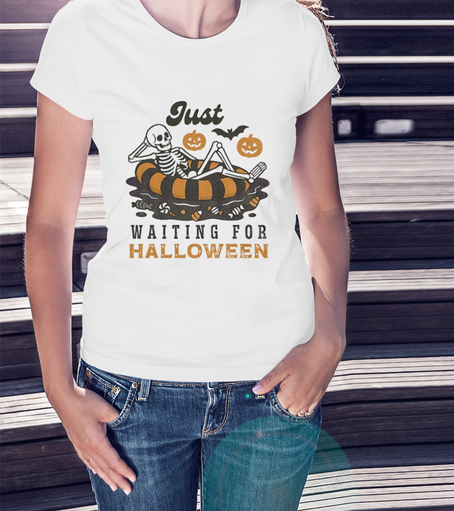 Just Waiting For Halloween Skeleton Beach 2025 T-Shirt