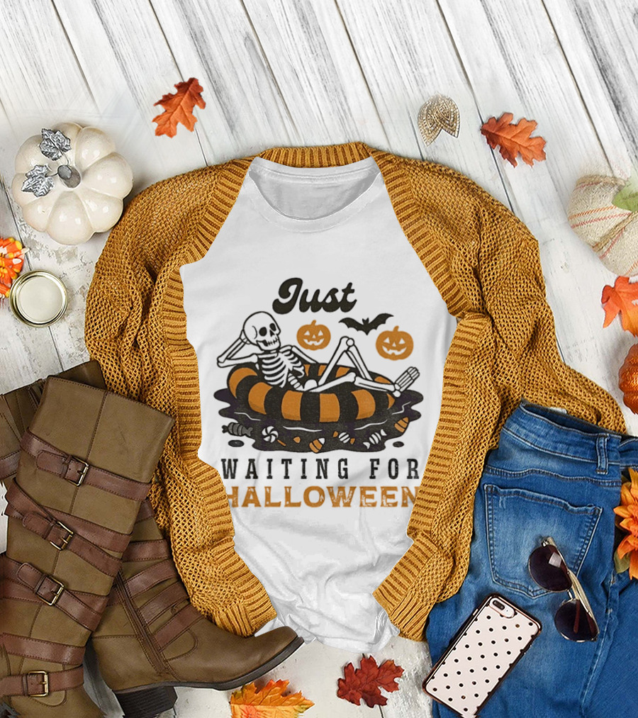 Just Waiting For Halloween Skeleton Beach 2025 T-Shirt