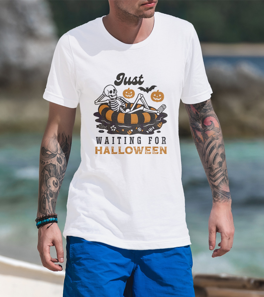 Just Waiting For Halloween Skeleton Beach 2025 T-Shirt